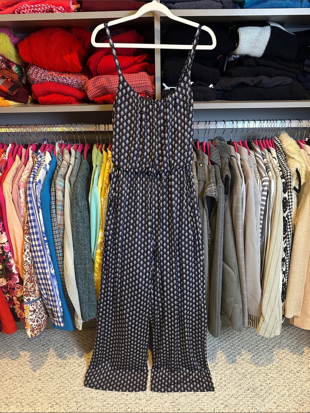 Kaileigh navy/white print elastic waistband 2 pocket jumpsuit size S